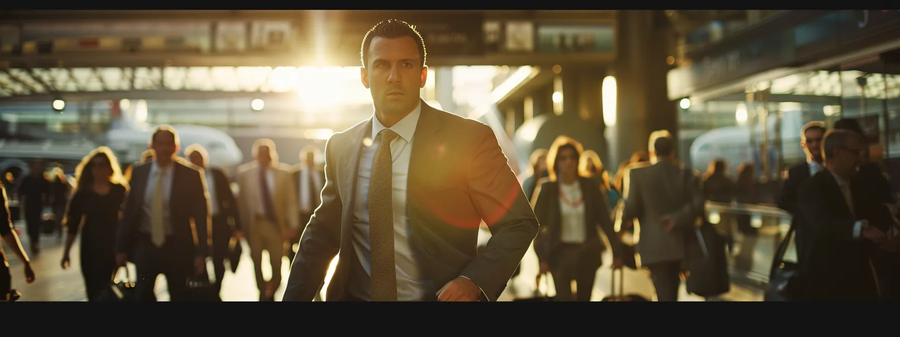a businessman rushing through an airport terminal, with a sense of urgency and determination, as he navigates through the busy crowds towards his gate for emergency business travel in cleveland.