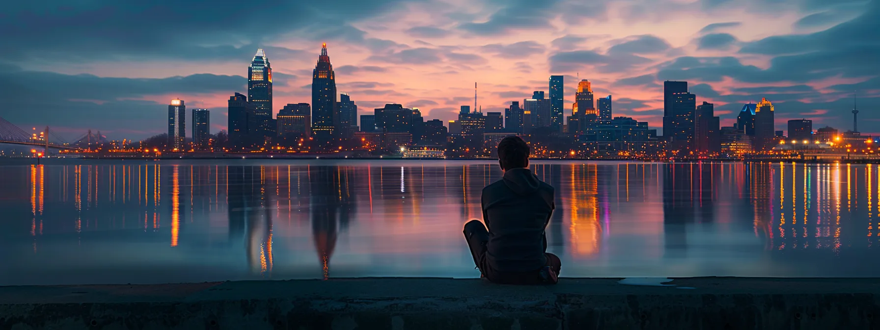 a person admiring a stunning city skyline at dusk, with iconic landmarks lit up and reflecting in the calm waters below, showcasing the perfect balance between work and leisure during a business trip to cleveland.