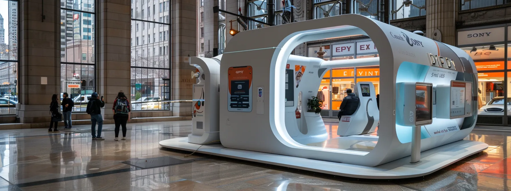 a sleek, futuristic travel booking kiosk in a bustling cleveland city center, featuring advanced technology and eco-friendly design elements.